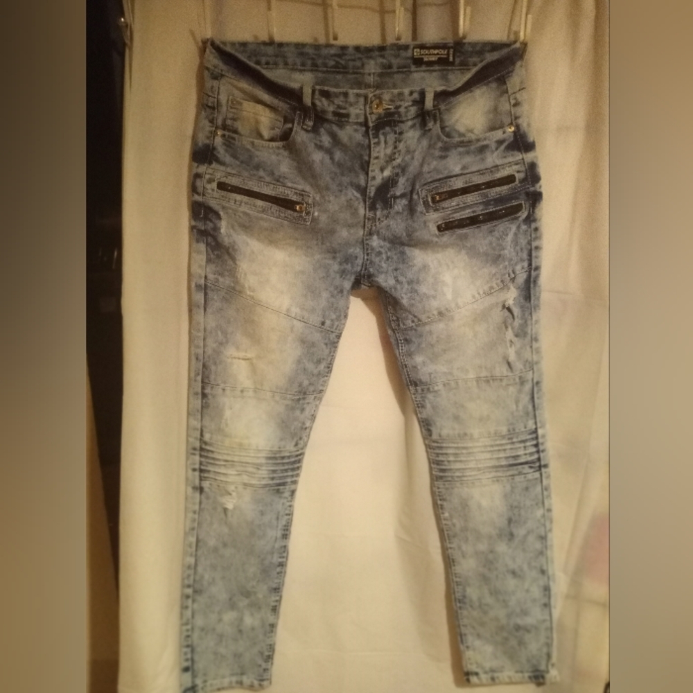 Y2K South Pole Men's 36"X32" Skinny Acid Washed Distressed Moto Jeans W/ Zippers